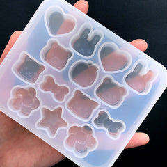 Kawaii Silicone Mold Assortment (14 Cavity) | Bunny Rabbit Kitty Cat Bear Animal Apple Fruit Heart Star Bow Flower Mold | Resin Art Supplies