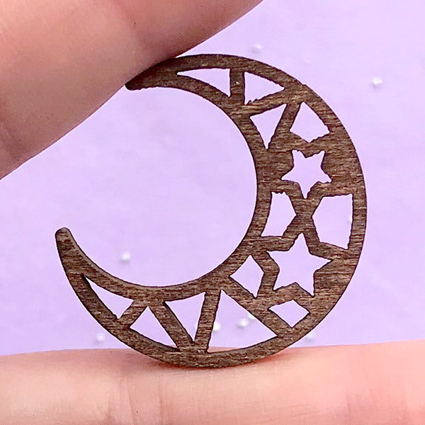 Magical Moon Wooden Deco Frame for UV Resin Filling | Wood Open Back Bezel | Crescent Moon Ornament (1 piece / 27mm x 30mm)