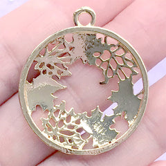 Maple Leaf Circle Open Back Bezel | Openwork Leaves Charm | Round Floral Deco Frame for UV Resin Filling (1 piece / Gold / 29mm x 34mm)