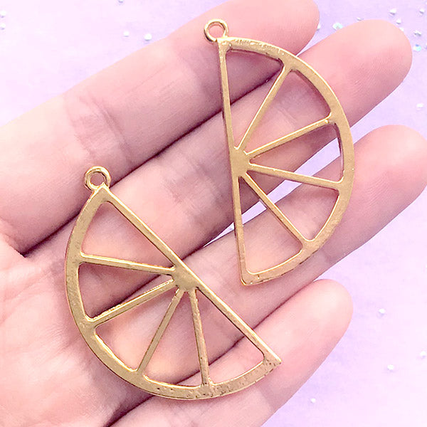 Kawaii Orange Slice Open Bezel for UV Resin Filling | Fruit Charm | Citrus Deco Frame | Resin Jewelry DIY (2 pcs / Gold / 20mm x 43mm)
