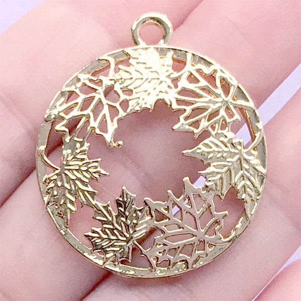 Maple Leaf Circle Open Back Bezel | Openwork Leaves Charm | Round Floral Deco Frame for UV Resin Filling (1 piece / Gold / 29mm x 34mm)