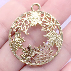Maple Leaf Circle Open Back Bezel | Openwork Leaves Charm | Round Floral Deco Frame for UV Resin Filling (1 piece / Gold / 29mm x 34mm)