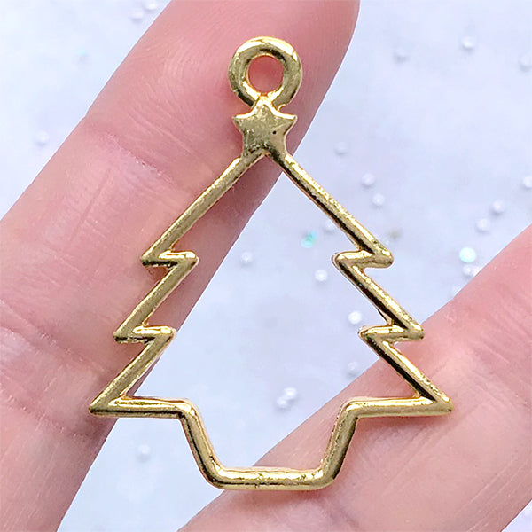 Christmas Tree Deco Frame for UV Resin Filling | Christmas Open Back Bezel Charm | Resin Jewelry Making (1 piece / Gold / 28mm x 35mm)