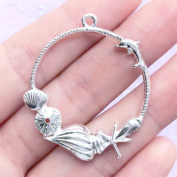 Nautical Open Bezel Charm | Seashell and Dolphin Charm | Round Marine Life Deco Frame for UV Resin Crafts (1 piece / Silver / 36mm x 41mm)