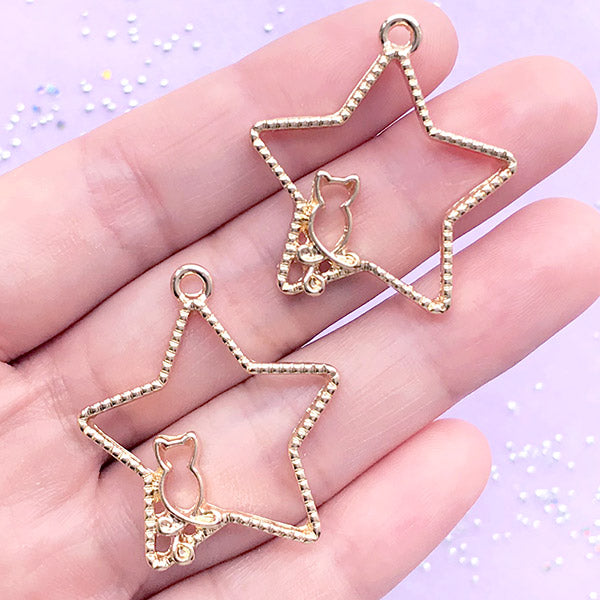 Star and Kitty Open Bezel Charm | Kawaii Deco Frame for UV Resin Filling | Magical Girl Jewelry Making (2 pcs / Gold / 29mm x 32mm)