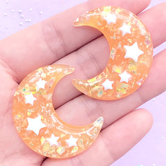 Crescent Moon and Star Cabochons with Mica Flakes | Kawaii Decoden Phone Case Making | Resin Embellishments (2 pcs / Orange / 31mm x 36mm)