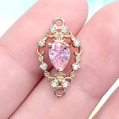 Filigree Teardrop Rhinestone Connector Charm Link | Bling Bling Rhinestone Pendant | Princess Jewelry DIY (1 piece / Gold & Pink / 11mm x 20mm)