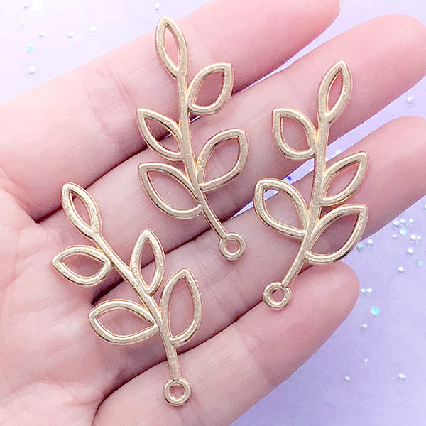Branch With Leaves Open Bezel Charm for UV Resin Filling | Leaf Deco Frame | Nature Jewelry Supplies (3 pcs / Gold / 19mm x 41mm)
