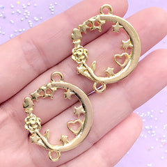 Flower Moon with Star and Heart Open Bezel for UV Resin | Kawaii Connector Charm | Magical Girl Jewellery DIY (2 pcs / Gold / 26mm x 33mm)
