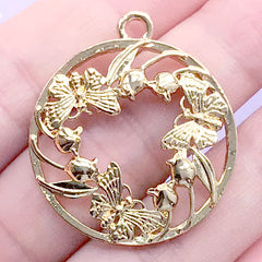 Butterfly Circle Open Backed Bezel | Insect Charm | Round Deco Frame for UV Resin Filling (1 piece / Gold / 29mm x 33mm)