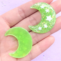 Magical Moon Cabochons with Star and Mica Flakes | Glittery Resin Cabochon | Kawaii Decoden Supplies (2 pcs / Green / 31mm x 36mm)