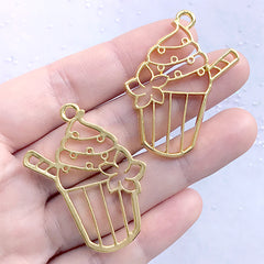 Cupcake Open Bezel Charm for UV Resin Filling | Dessert Deco Frame | Kawaii Resin Jewellery DIY (2 pcs / Gold / 32mm x 42mm)