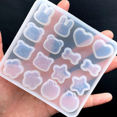 Kawaii Animal Heart Star Bow Fruit Flower Silicone Mold Assortment (16 Cavity) | Bunny Rabbit Kitty Cat Bear Apple Mold | Resin Crafts