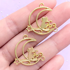CLEARANCE Kitty and Crescent Moon Open Back Bezel | Magical Cat Charm | UV Resin Craft | Mahou Kei Jewelry Supplies (2 pcs / Gold / 25mm x 25mm)