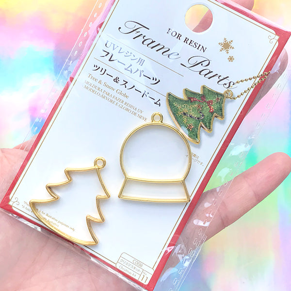 Christmas Tree and Snow Globe Open Bezel Ornament for UV Resin Filling | Christmas Deco Frame for Resin Jewellery DIY (2 pcs / Gold)