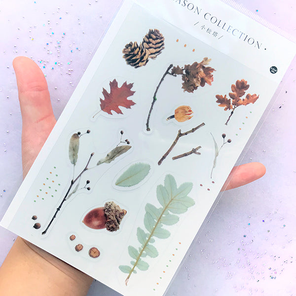 Pinecorn and Leaves Stickers | Realistic Pressed Leaf PVC Sticker | Nature Embellishment for Herbarium | Resin Craft Supplies