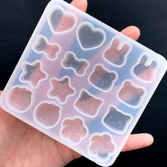 Kawaii Animal Heart Star Bow Fruit Flower Silicone Mold Assortment (16 Cavity) | Bunny Rabbit Kitty Cat Bear Apple Mold | Resin Crafts