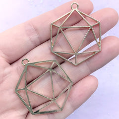 Icosahedron Open Bezel Charm | D20 Dice Deco Frame for UV Resin Filling | Sacred Geometry Jewelry Supplies (2 pcs / Gold / 30mm x 38mm)