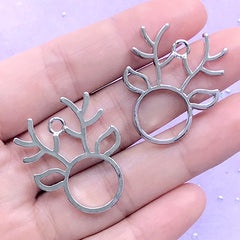 Reindeer Head Open Bezel Charm | Christmas Animal Deco Frame for UV Resin Filling | Holiday Jewelry DIY (2 pcs / Silver / 25mm x 31mm)