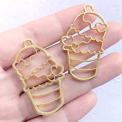 Triple Scoop Ice Cream Open Bezel Charm for UV Resin Filling | Sweet Deco Frame | Kawaii Resin Jewelry DIY (2 pcs / Gold / 26mm x 43mm)