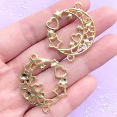 Magical Moon and Star Open Bezel Connector Charm | Kawaii Jewelry DIY | Deco Frame for UV Resin Filling (2 pcs / Gold / 29mm x 35mm)