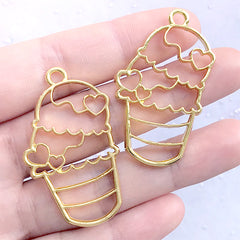 Triple Scoop Ice Cream Open Bezel Charm for UV Resin Filling | Sweet Deco Frame | Kawaii Resin Jewelry DIY (2 pcs / Gold / 26mm x 43mm)