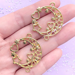 Magical Moon and Star Open Bezel Connector Charm | Kawaii Jewelry DIY | Deco Frame for UV Resin Filling (2 pcs / Gold / 29mm x 35mm)