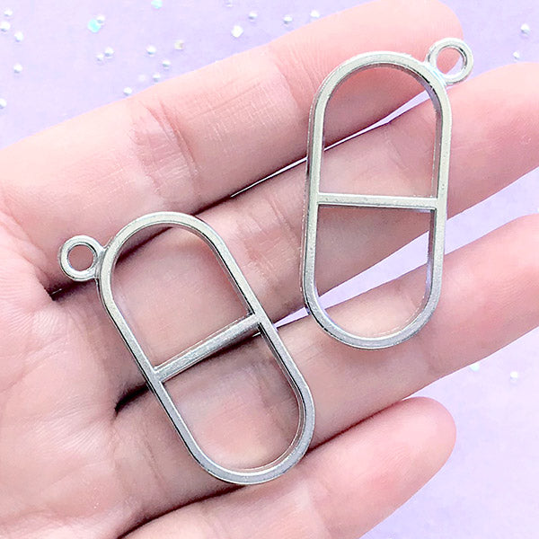 Pill Capsule Open Bezel Charm for UV Resin Filling | Medicine Pill Deco Frame | Kawaii Resin Jewellery DIY (2 pcs / Silver / 20mm x 40mm)