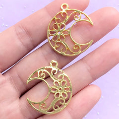 Filigree Flower Moon Open Backed Bezel Charm | Crescent Moon Deco Frame for UV Resin Filling | Kawaii Craft (2 pcs / Gold / 24mm x 29mm)