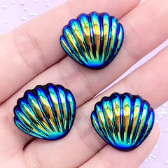 Dual Chrome Seashell Cabochons | Iridescent Decoden Pieces | Mermaid Phone Case Deco | Beach Embellishments (3 pcs / Black / 21mm x 19mm)