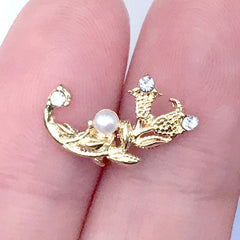 Floral Nail Charm with Pearl and Rhinestone | Flower Metal Embellishment | Nail Deco (2 pcs / Gold / 9mm x 16mm)
