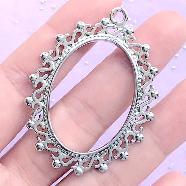 Oval Open Frame for UV Resin Jewelry Making | Oval Open Bezel with Swirl Border | Art Deco Frame (1 piece / Silver / 40mm x 52mm / 2 Sided)