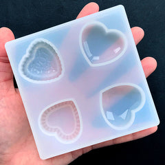 Assorted Heart Silicone Mold (4 Cavity) | Faceted Gemstone Mold | Puffy Heart Mold | Heart Cabochon Mold | UV Resin Mold