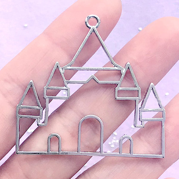 Kawaii Fairytale Castle Open Bezel for UV Resin Filling | Theme Park Deco Frame | Princess Jewellery Supplies (1 piece / Silver / 43mm x 41mm)