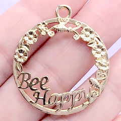 Bee Happy Circle Open Bezel | Nature Insect Charm | Round Deco Frame | Kawaii UV Resin Jewellery DIY (1 piece / Gold / 29mm x 34mm)