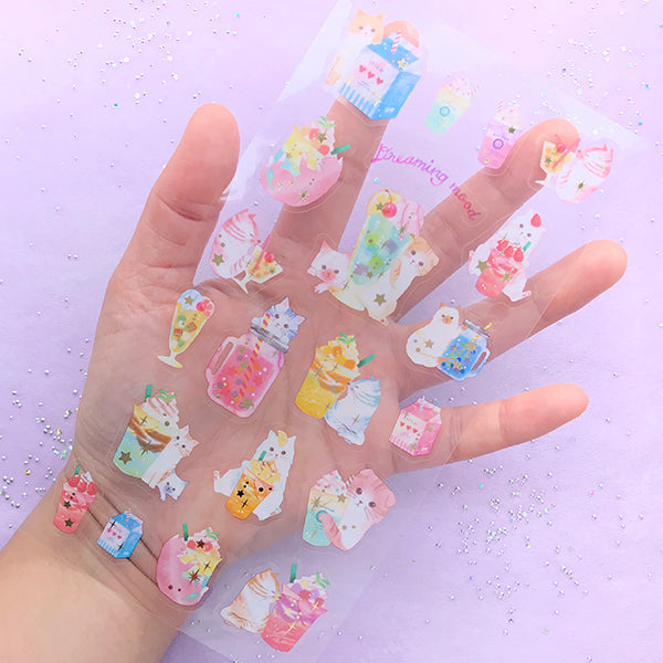 Kawaii Kitty and Ice Cream Stickers in Dreamy Color | Cute Cat and Drink Sticker | Whimsical Planner Stickers