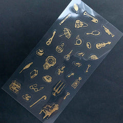 Retro Household Item Clear Stickers | Gold Sticker in Vintage Style | Antique Embellishments | Musical Instrument Sticker