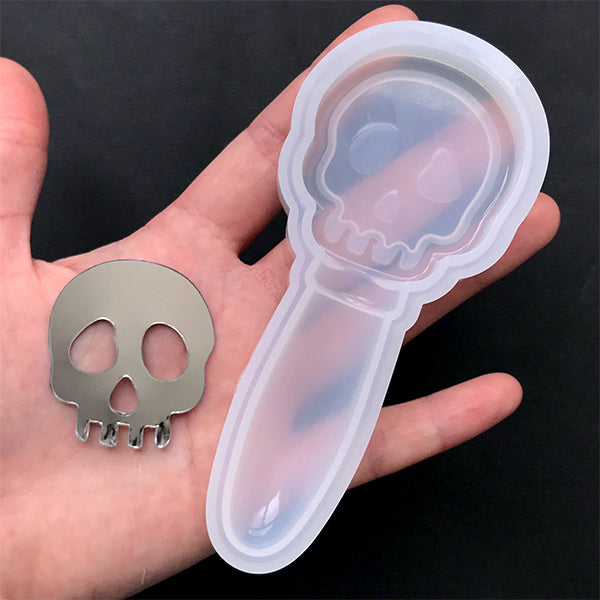 Skull Hand Mirror Silicone Mold | Kawaii Goth Accessory DIY | Creepy Cute Mirror Wand Mould | Resin Art Supplies (43mm x 109mm)