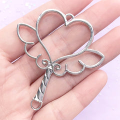 Magical Heart Wand Open Bezel Pendant | Winged Heart Magic Wand Deco Frame | Kawaii UV Resin Jewellery Supplies (1 piece / Silver / 51mm x 56mm / 2 Sided)