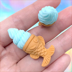 Blue Moon Ice Cream Cabochons | Miniature Taiyaki Ice Cream Cone | Mini Food Craft | Kawaii Decoden DIY (2 pcs / Blue / 17mm x 39mm)