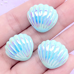 Iridescent Shell Cabochon | Kawaii Mermaid Cabochons | Decoden Craft | Hairbow Center | Scrapbook Supplies (3 pcs / Blue / 21mm x 19mm)