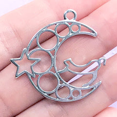 CLEARANCE Magical Cat and Moon Open Bezel Pendant | Deco Frame for UV Resin Filling | Mahou Kei Jewelry Supplies (1 piece  / Silver / 34mm x 32mm)