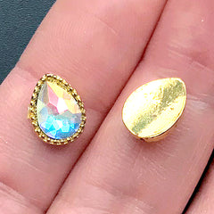 Iridescent Teardrop Rhinestones with Setting | Faceted AB Clear Glass Rhinestones | Faux Gems | Kawaii Jewellery DIY (2 pcs / 8mm x 10mm)