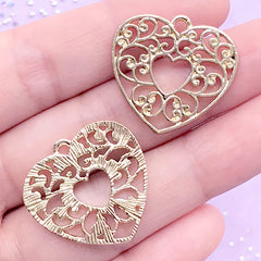 Heart Openwork Charm | Filigree Open Back Bezel Pendant | Deco Frame for UV Resin Jewellery Making (2 pcs / Gold / 25mm x 23mm)