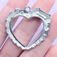 Lace Heart with Ribbon Open Bezel Pendant | Kawaii Lolita Deco Frame for UV Resin Filling (1 piece / Silver / 38mm x 36mm)