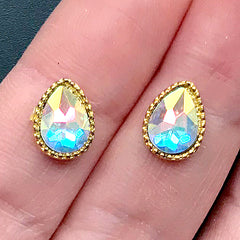 Iridescent Teardrop Rhinestones with Setting | Faceted AB Clear Glass Rhinestones | Faux Gems | Kawaii Jewellery DIY (2 pcs / 8mm x 10mm)