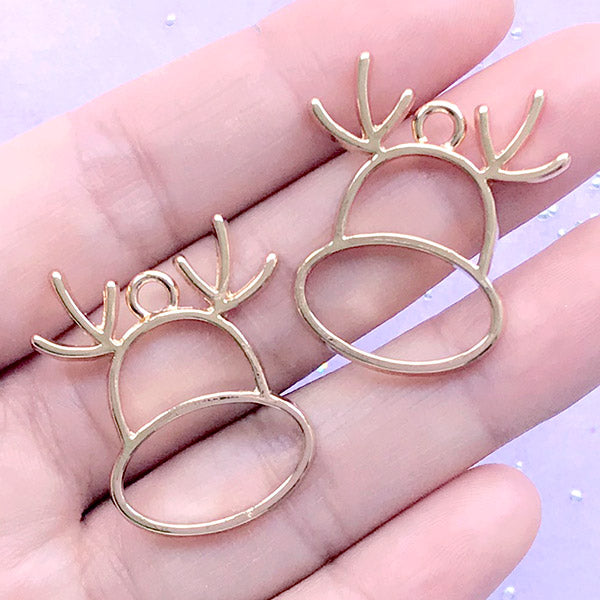 Deer Head Open Bezel Charm | Christmas Reindeer Deco Frame | Animal Pendant | UV Resin Jewellery DIY (2 pcs / Gold / 25mm x 29mm)