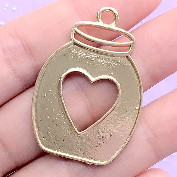 DEFECT Kawaii Food Glass Jar with Heart Frame Open Bezel Charm | UV Resin Jewellery DIY | Cute Bottle Deco Frame (1 piece / Gold / 27mm x 39mm)