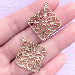 Square Openwork Pendant | Square Open Bezel Charm | Filigree Deco Frame for UV Resin Filling (2 pcs / Gold / 27mm x 30mm)