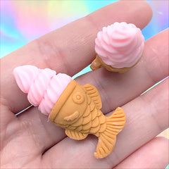 Ice Cream with Taiyaki Cone Cabochons | Doll Food Supplies | Kawaii Miniature Sweet Deco (2 pcs / Strawberry Pink / 17mm x 39mm)